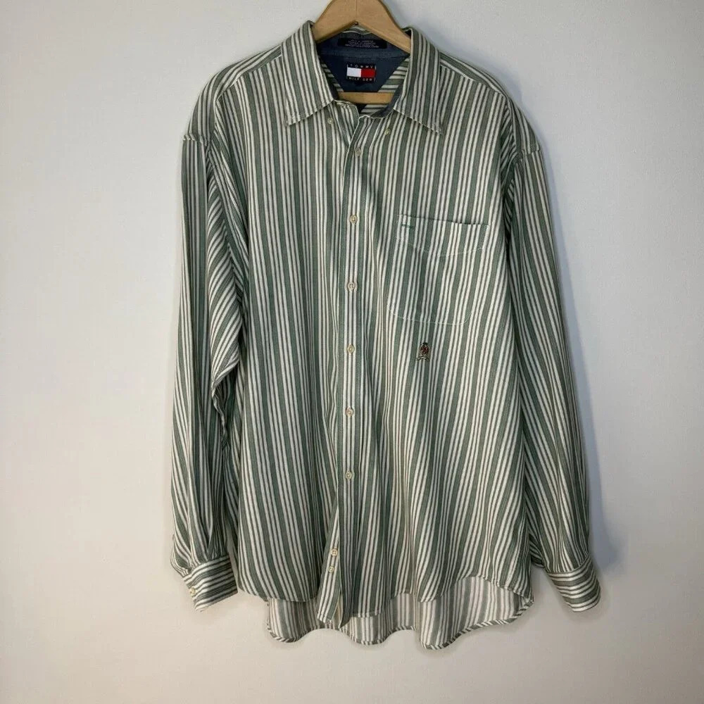 Tommy Hilfiger Vintage Men’s Button Down Shirt Green White XL Retro Stripes
